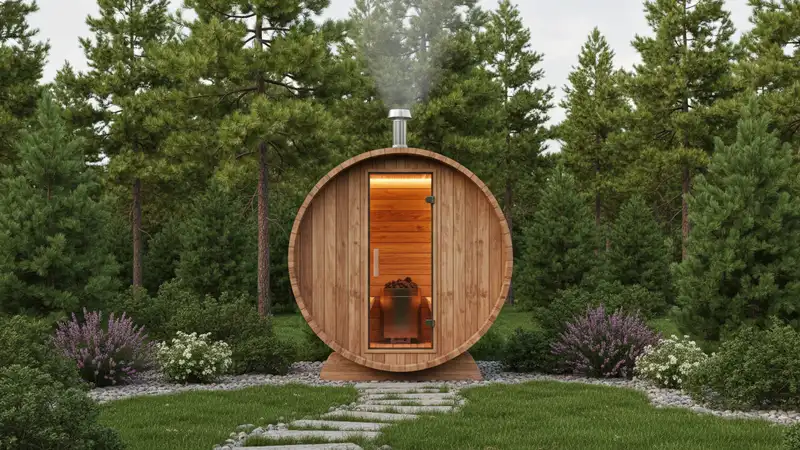 Sauna beczka z drewna cedrowego w ogrodzie